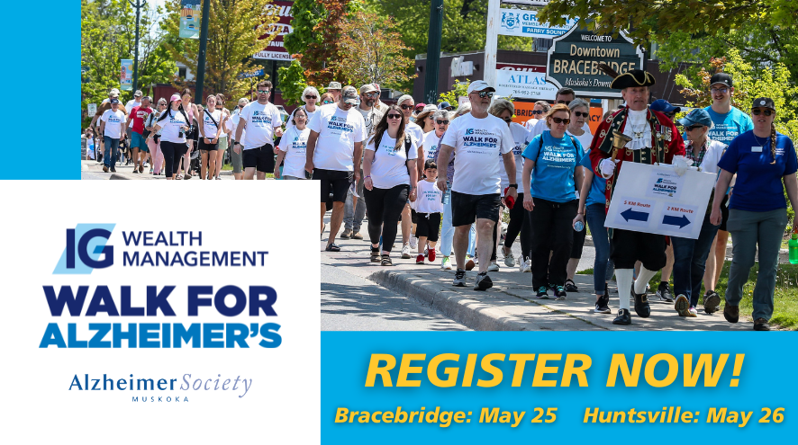 Banner advertising our 2024 Walk for Alzheimer's, inviting everyone to register now and donate!